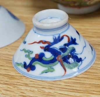 A small group of Chinese and Japanese ceramics to include an 18th century Chinese export teabowl and saucer and a cloisonne cigarette box. Tallest 7cm. Condition - fair to good